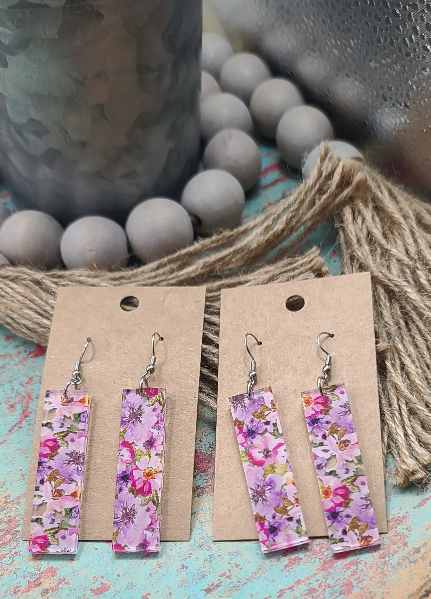 Pink Floral Bar Earrings