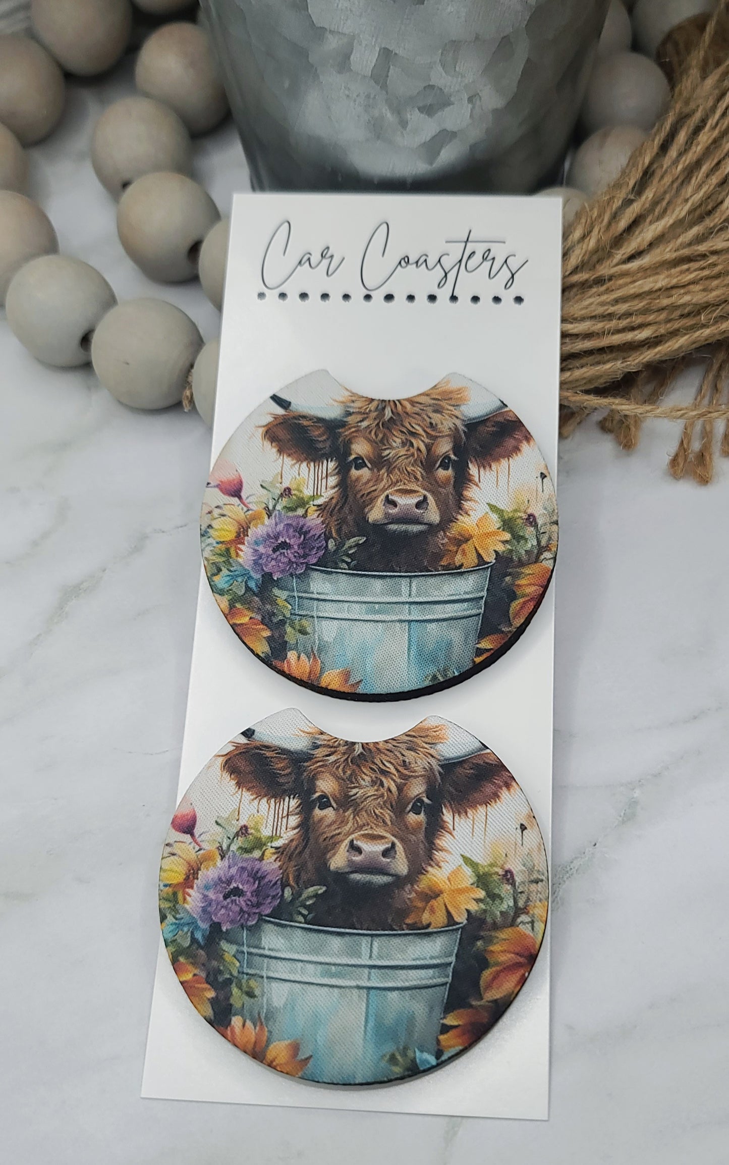 Floral Highland Cow Car Coasters