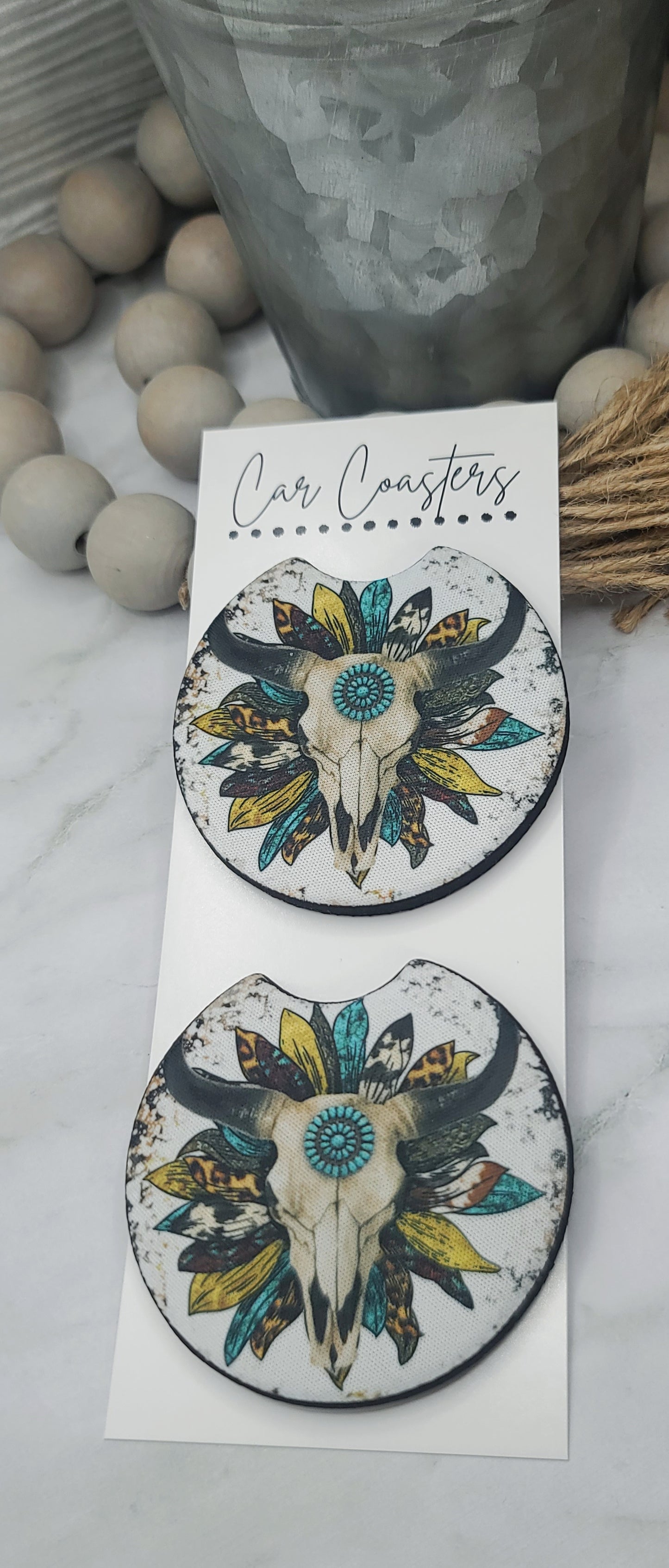 Floral Bull Skull Car Coasters