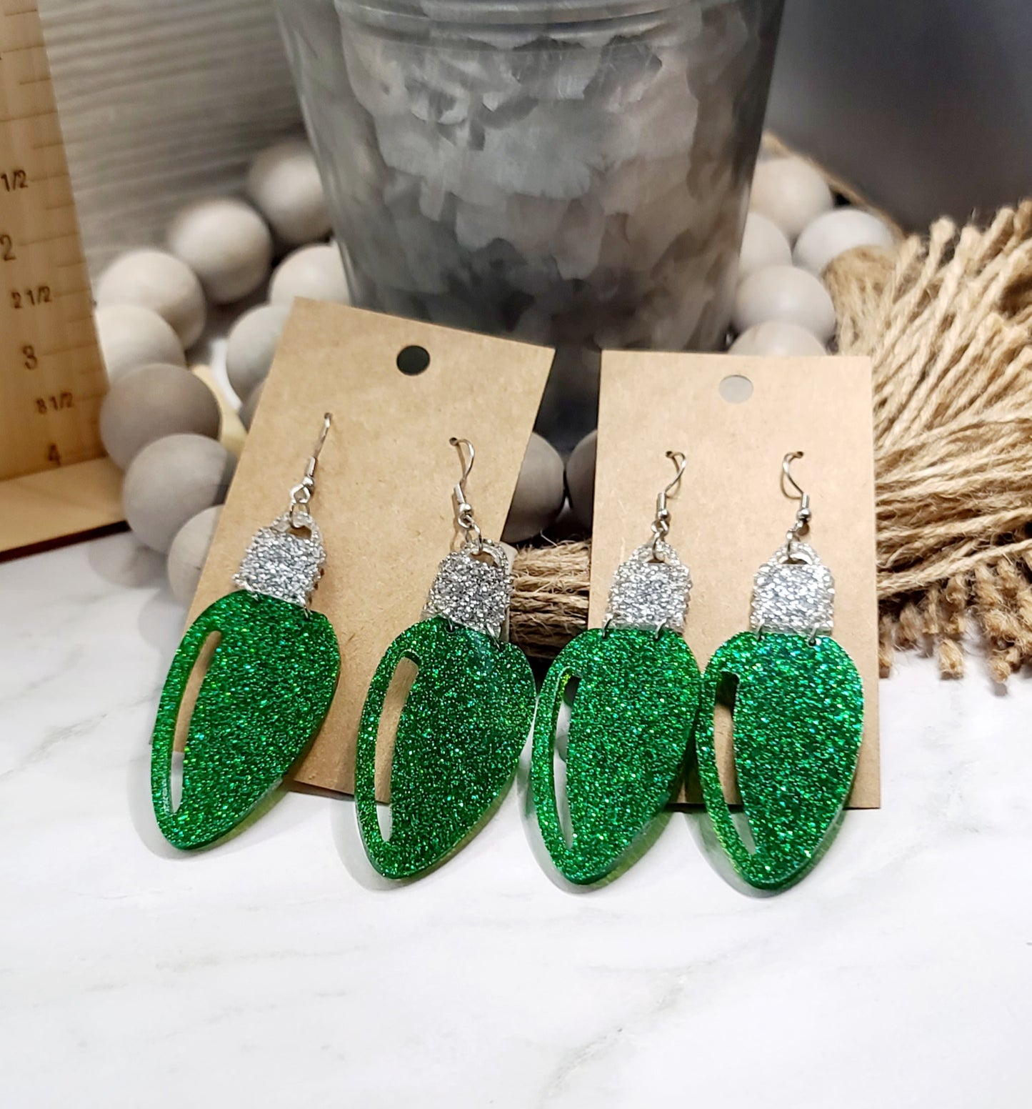 Green Glitter Christmas Bulb Earrings