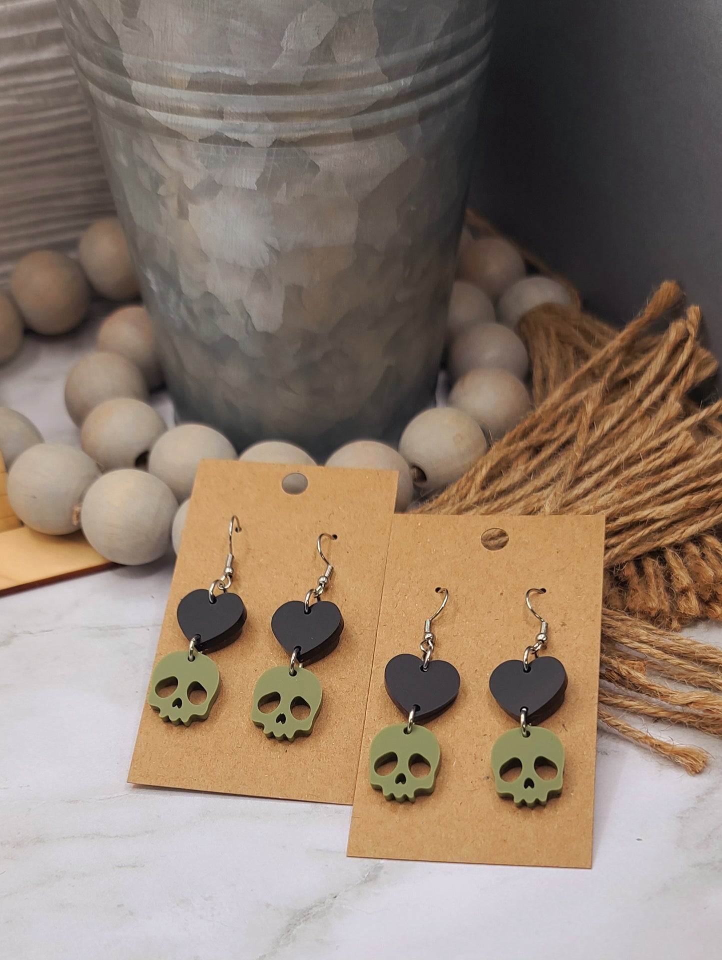 Heart Skull Earrings Black/Olive