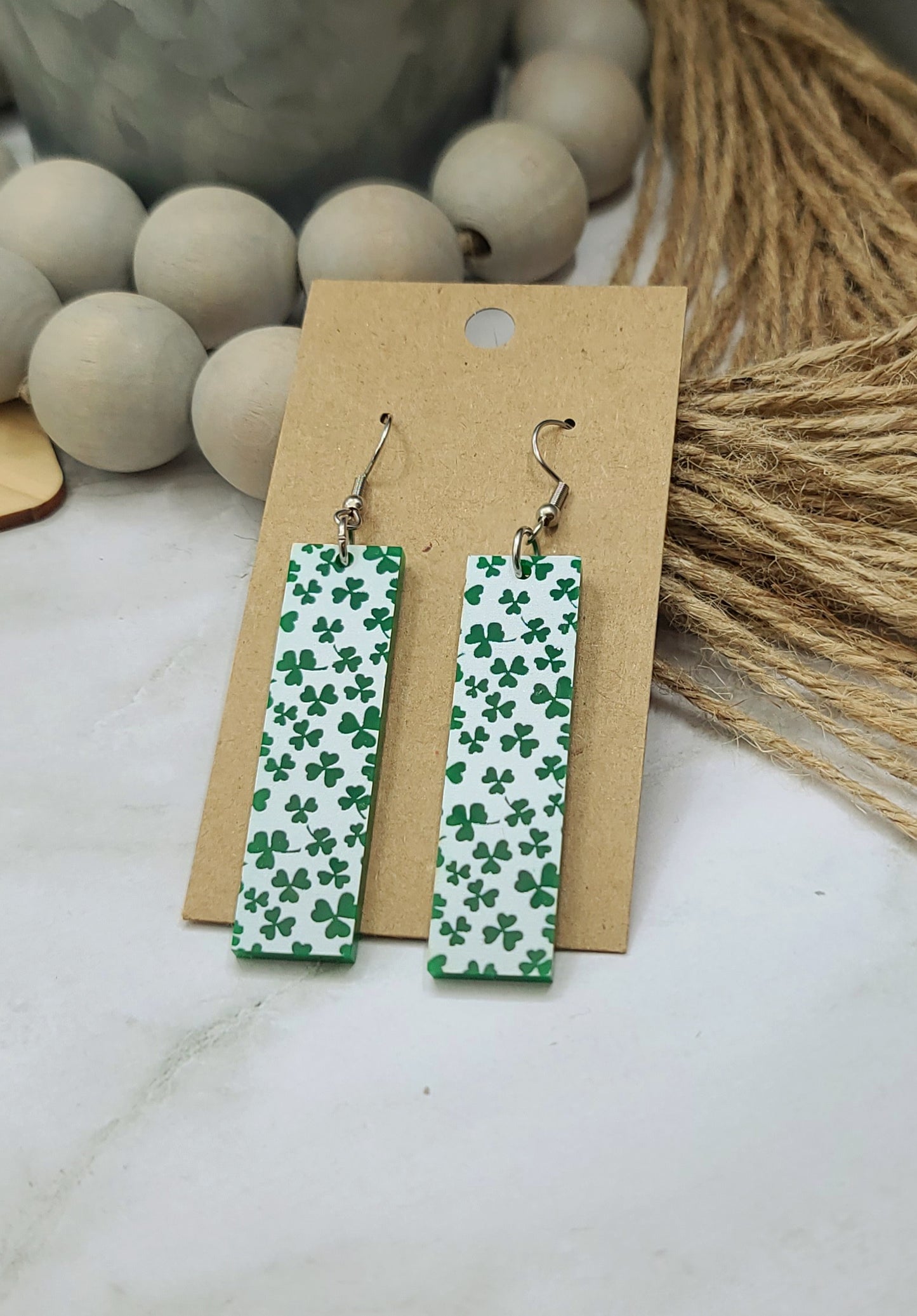 White Shamrock Bar Earrings