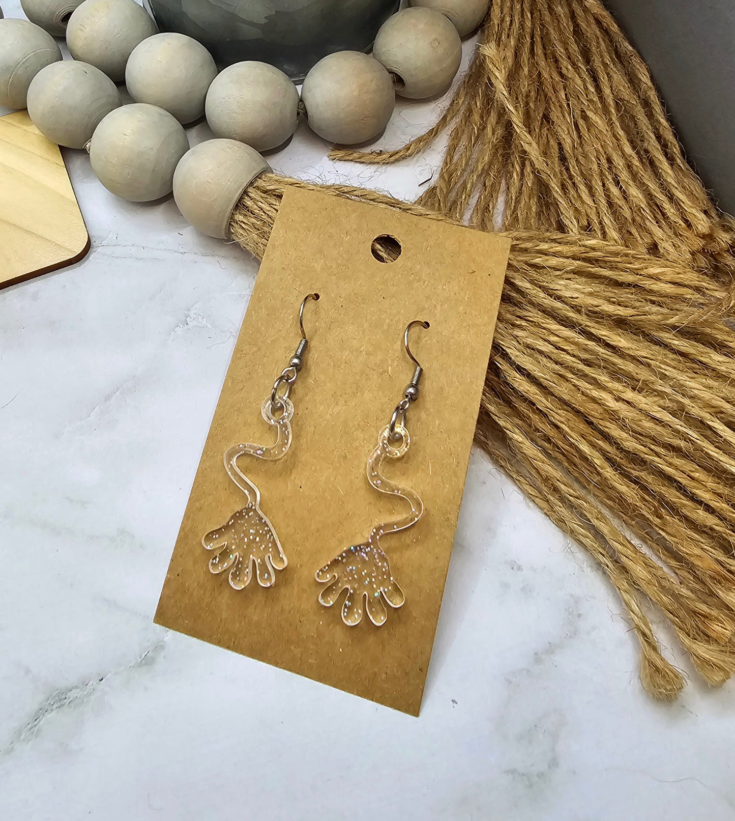 Clear Glitter Slappy Hand Earrings