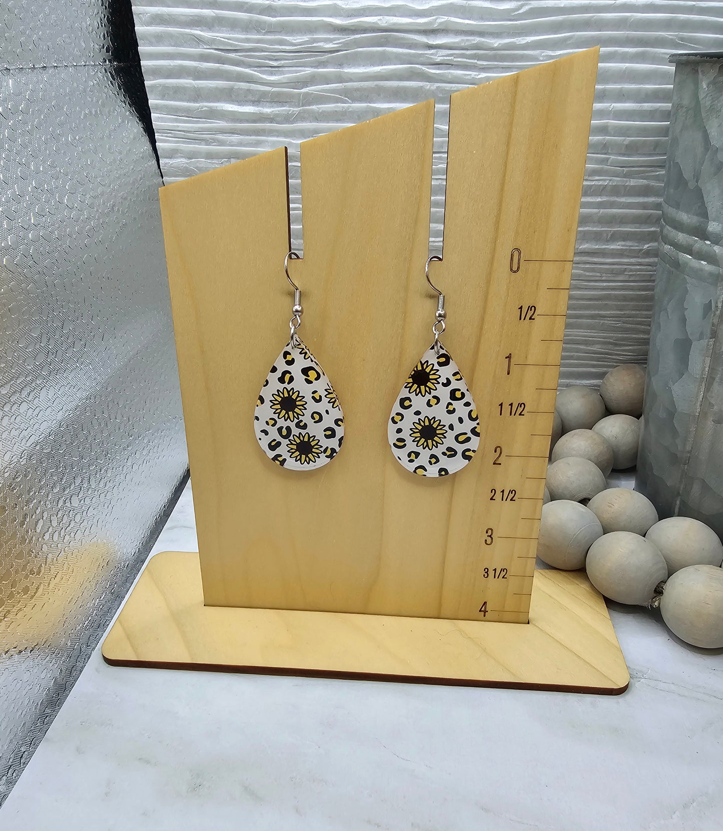 Leopard Sunflower Teardrop Earrings