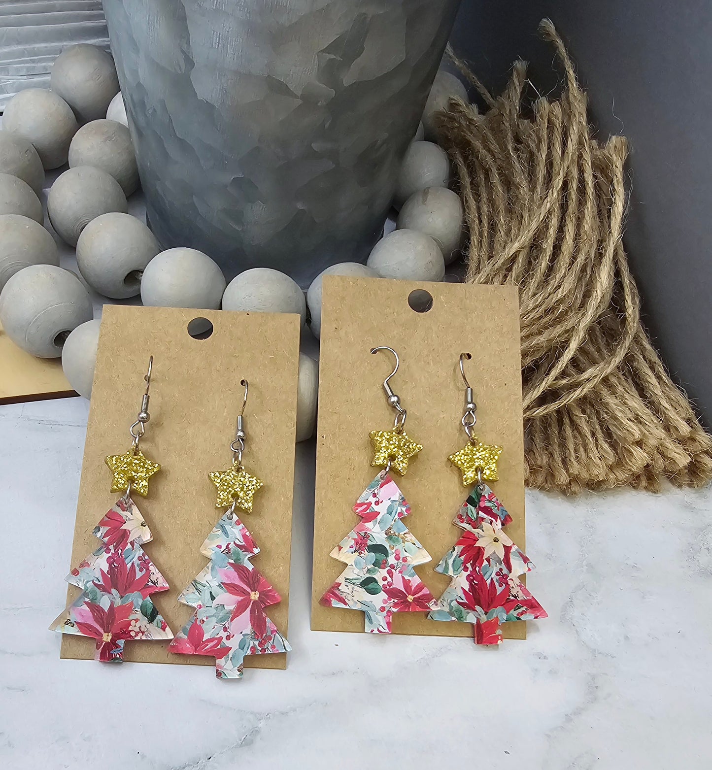 Floral with Star Christmas Tree Earrings