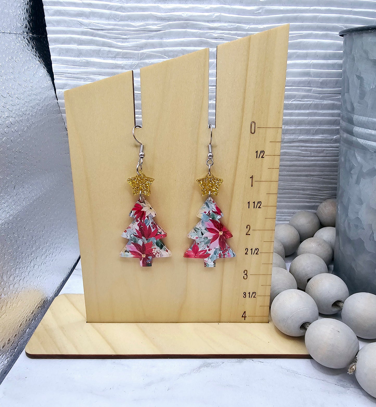 Floral with Star Christmas Tree Earrings