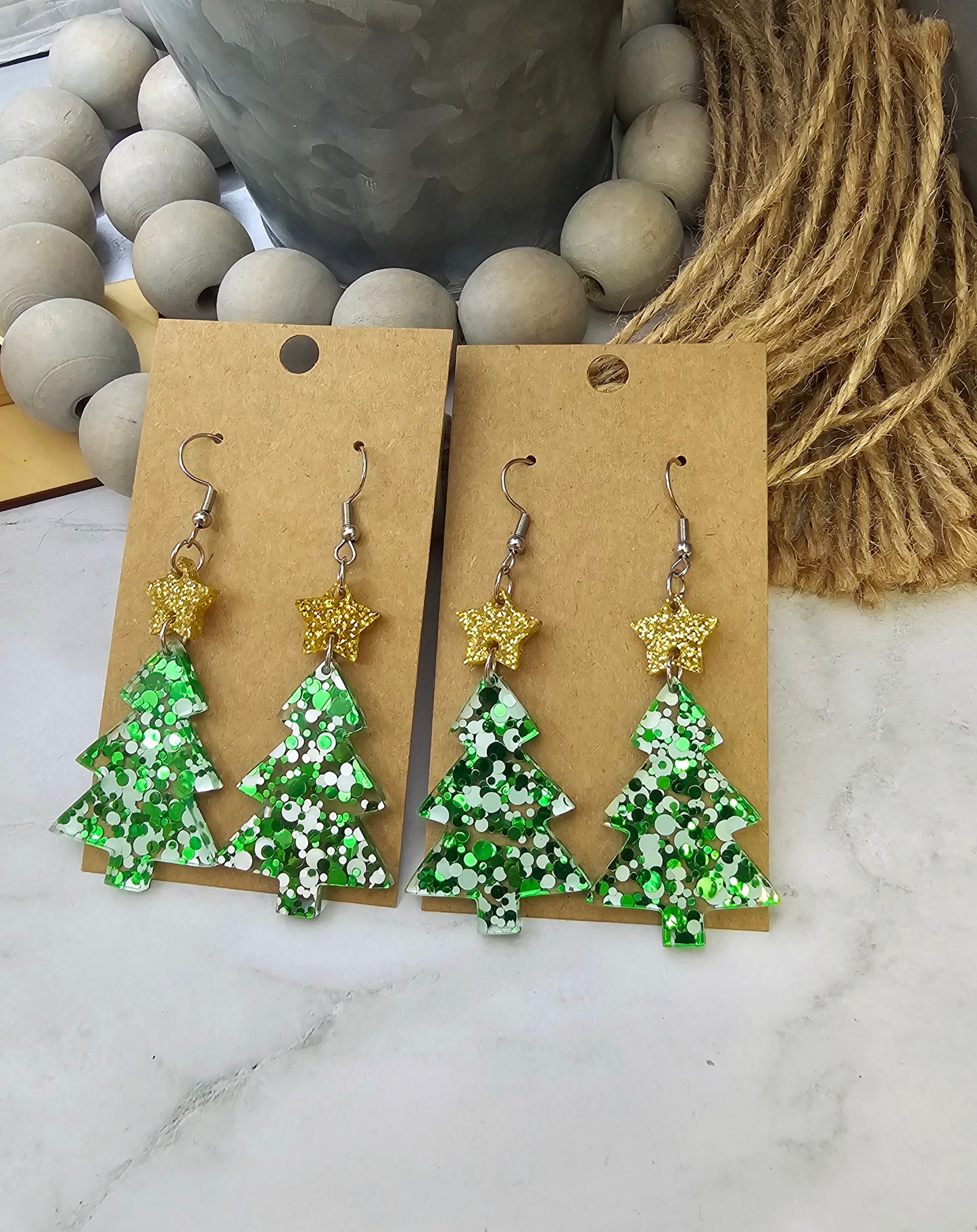 Green and White Confetti with Star Christmas Tree Earrings