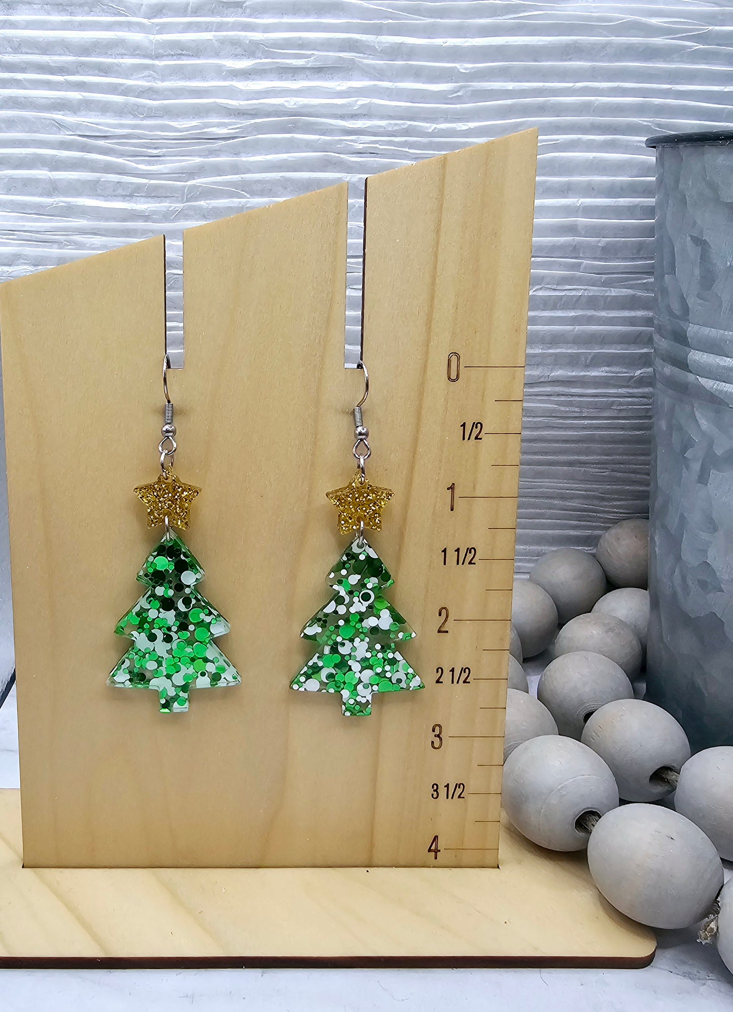 Green and White Confetti with Star Christmas Tree Earrings