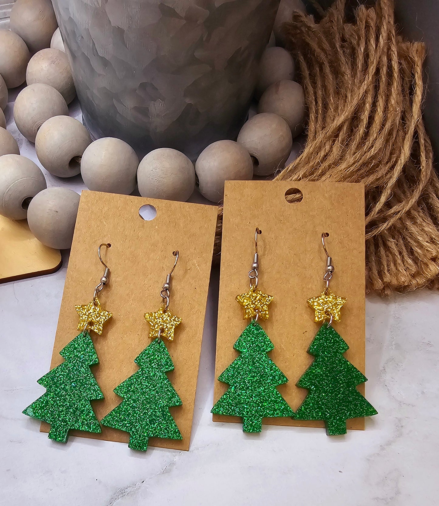 Green Glitter with Star Christmas Tree Earrings