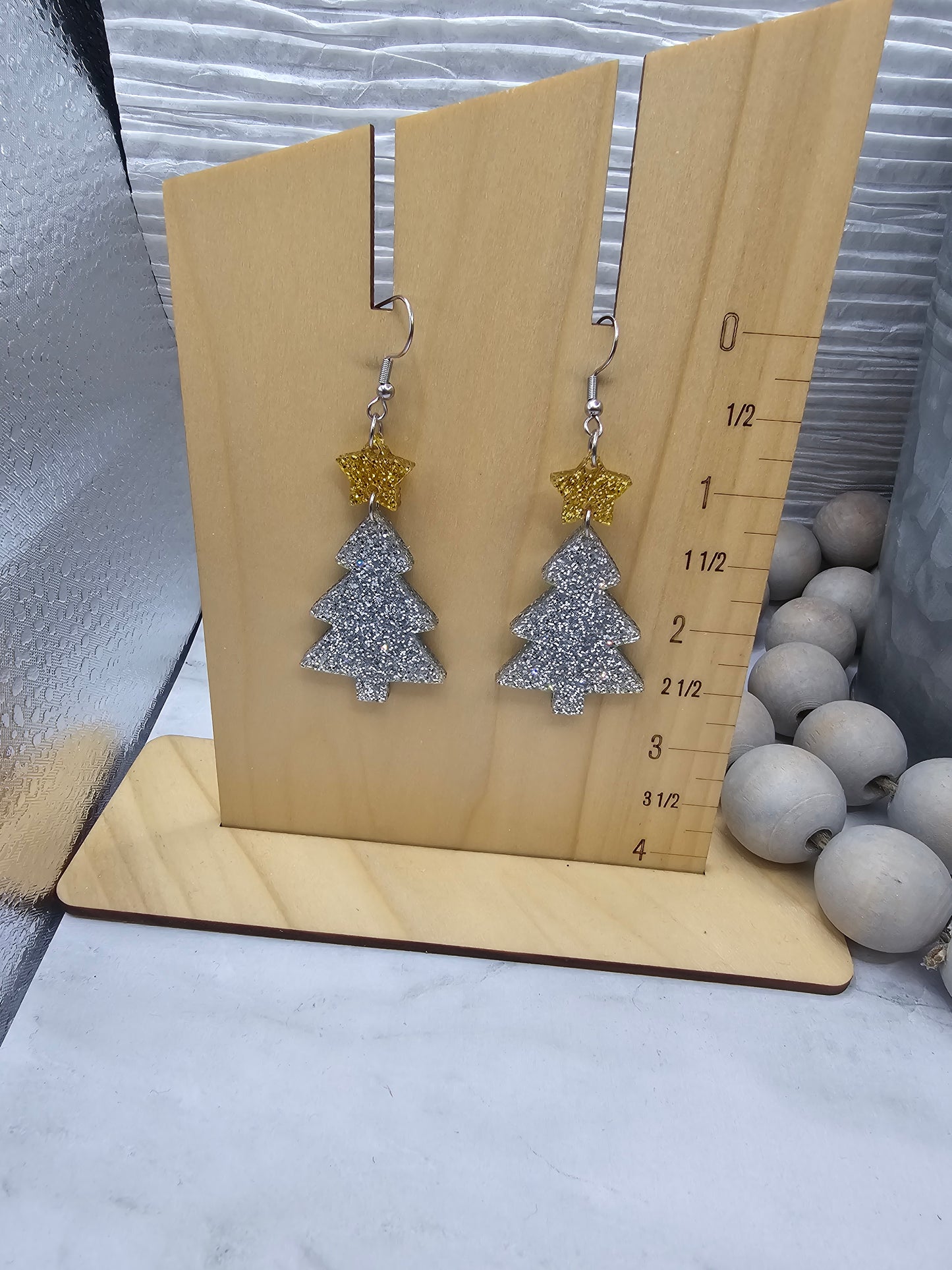 Silver Glitter with Star Christmas Tree Earrings