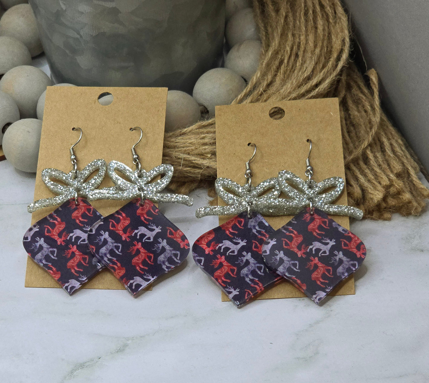 Reindeer Bow Ornament Earrings