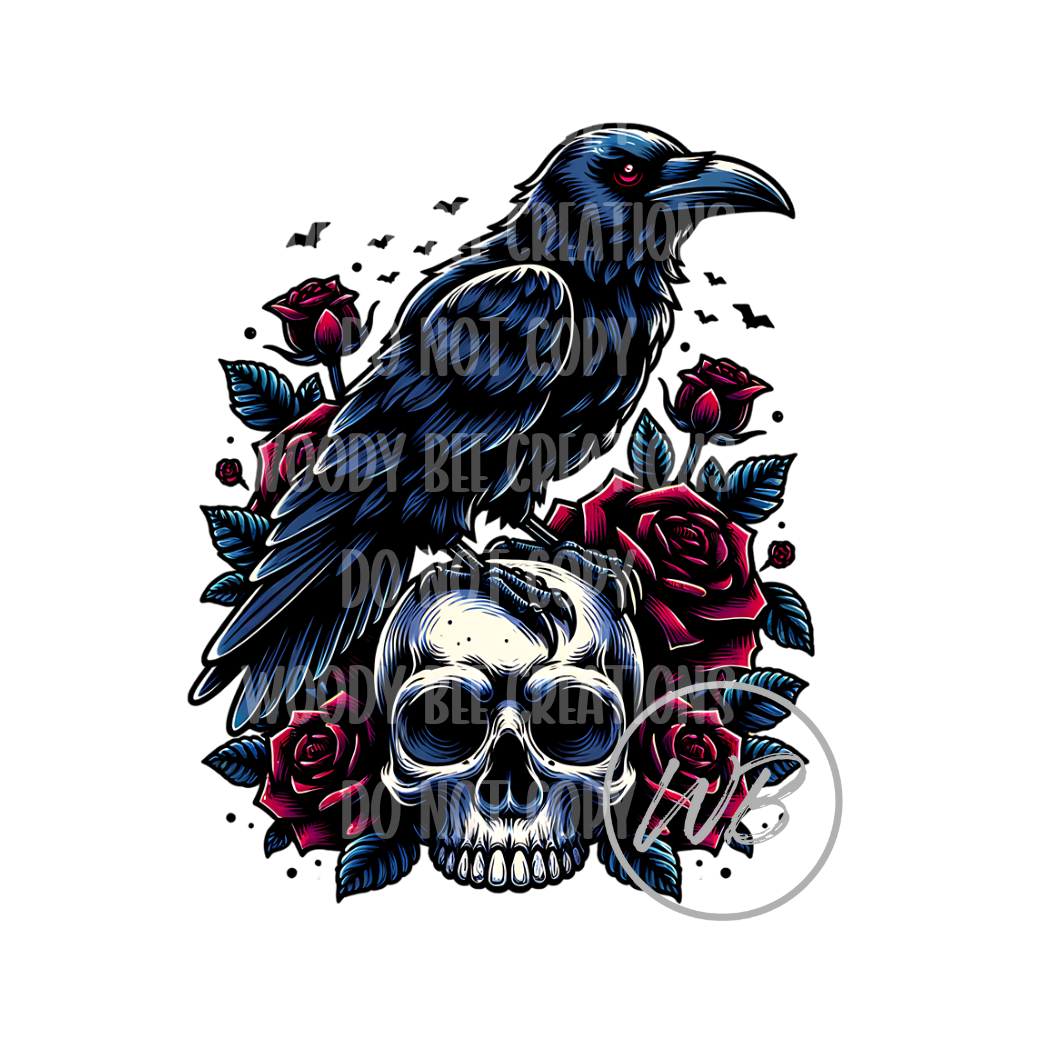 Red Rose Skull Crow PNG