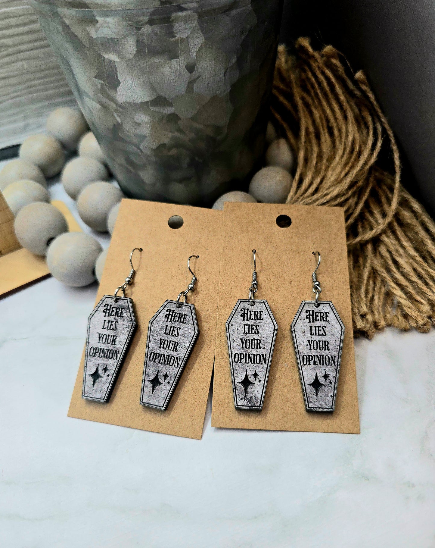 Here Lies Your Opinion Tombstone Earrings