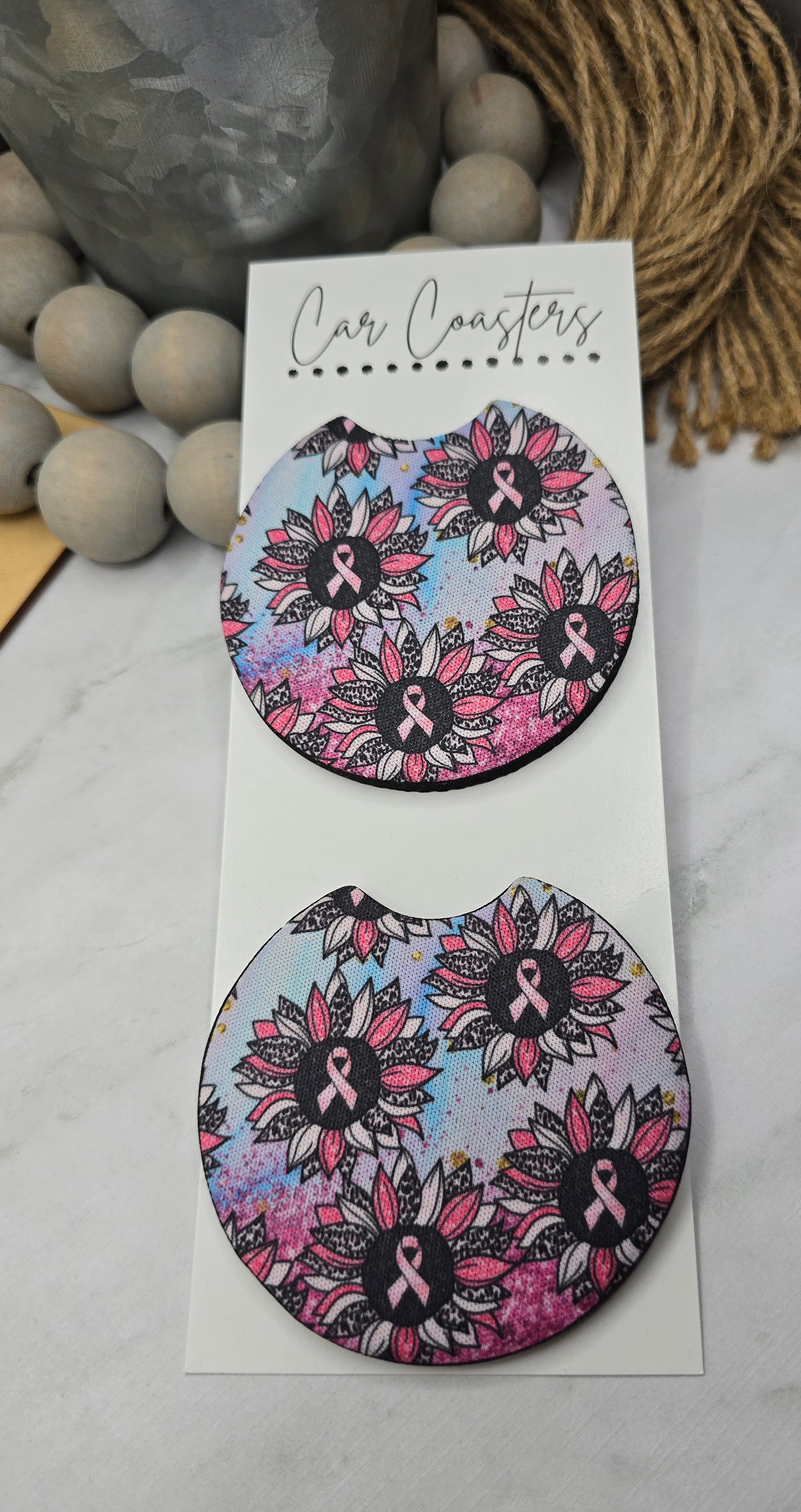 Breast Cancer Flower Car Coasters