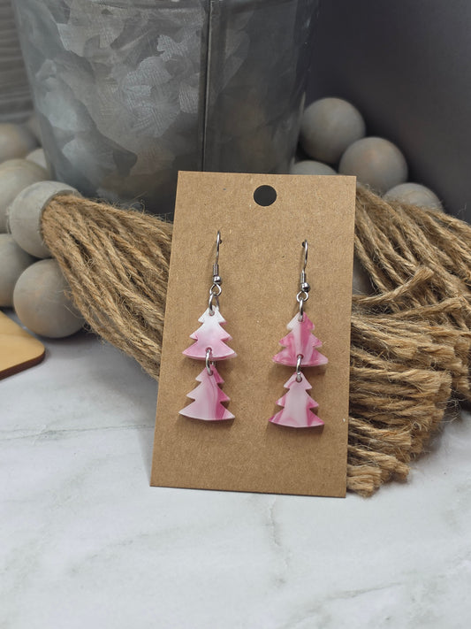 Pink Marble Christmas Tree Earrings