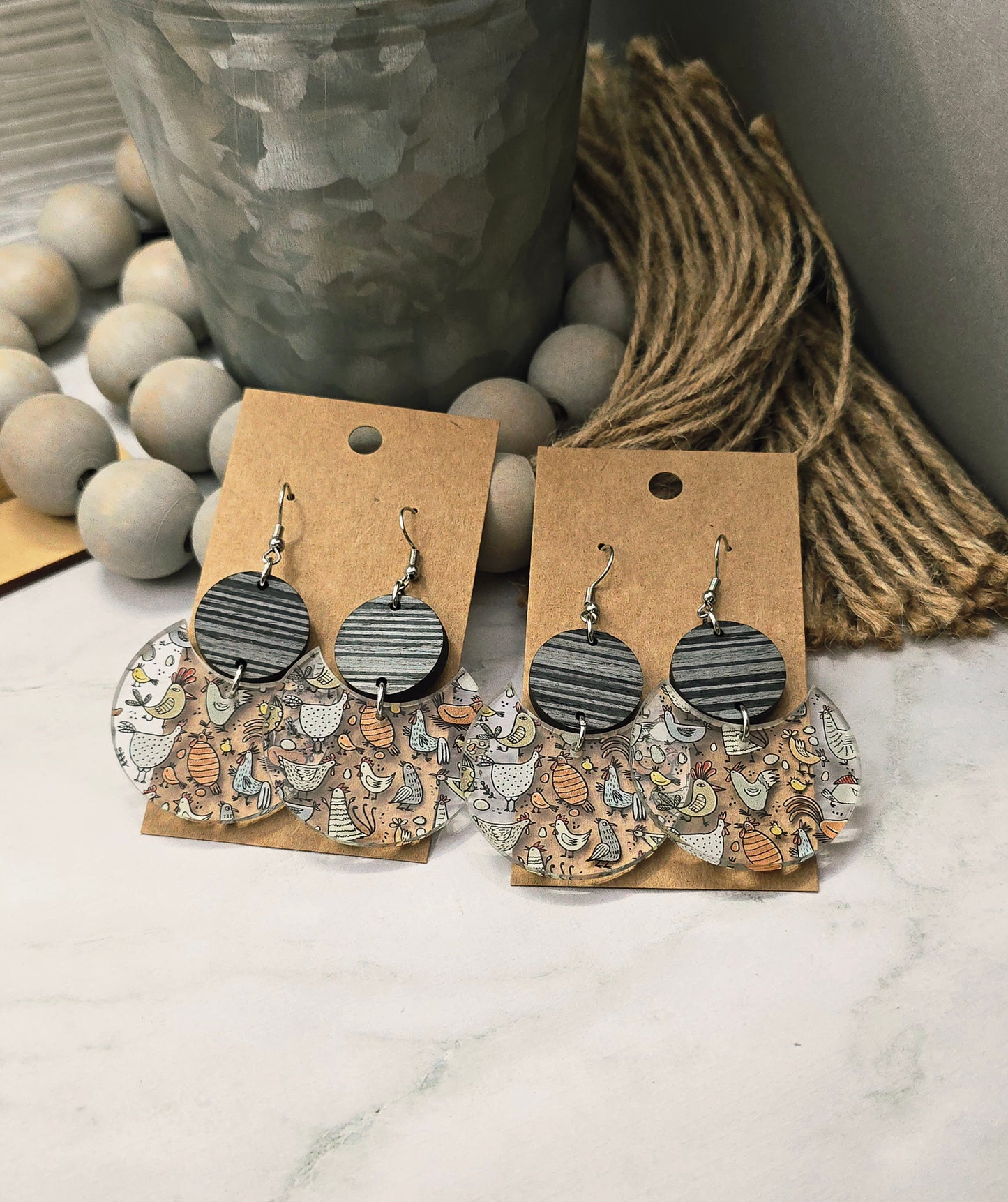 Rustic Chicken Stacked Circle Earrings