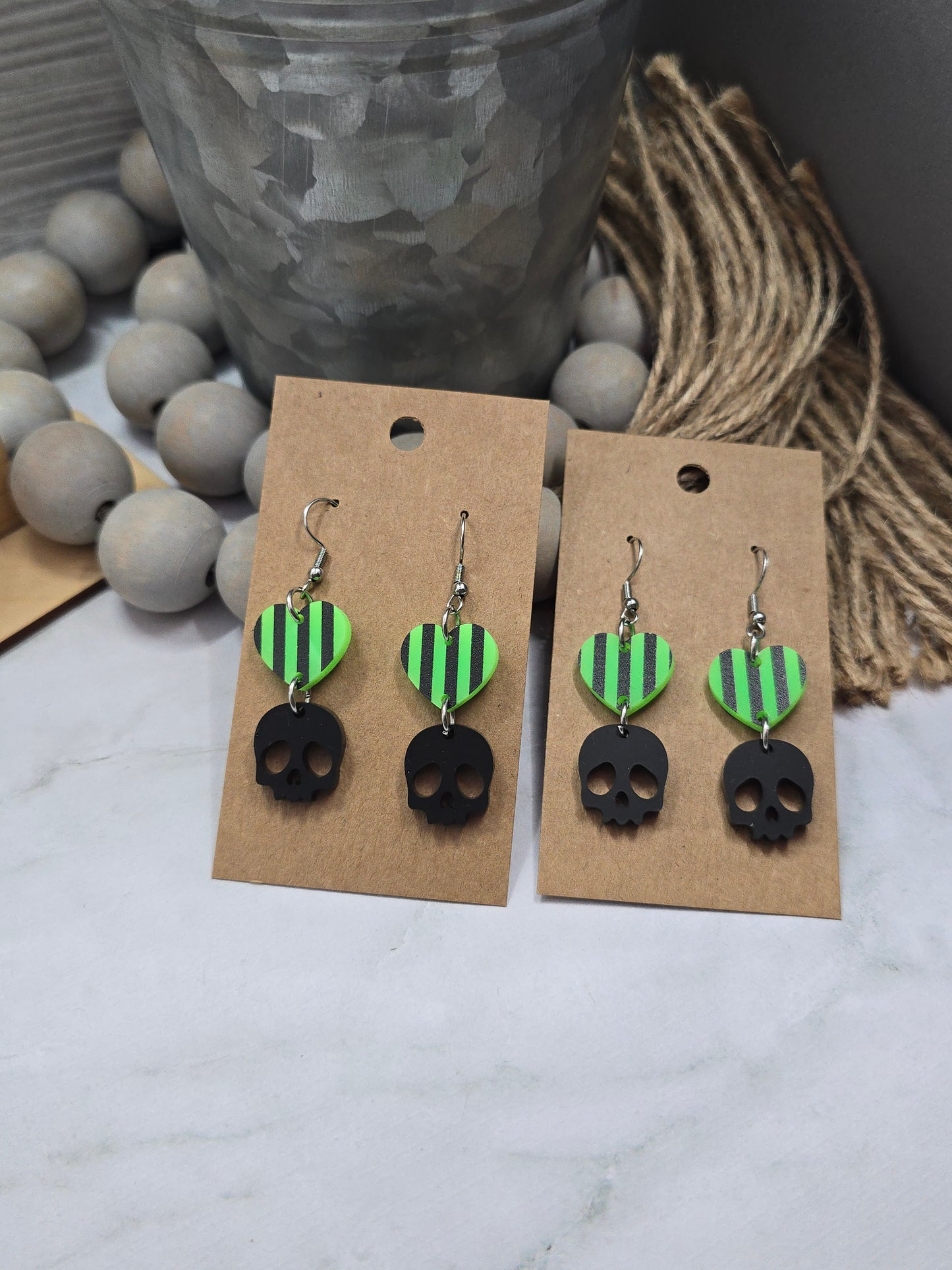 Striped Heart Skull Earrings