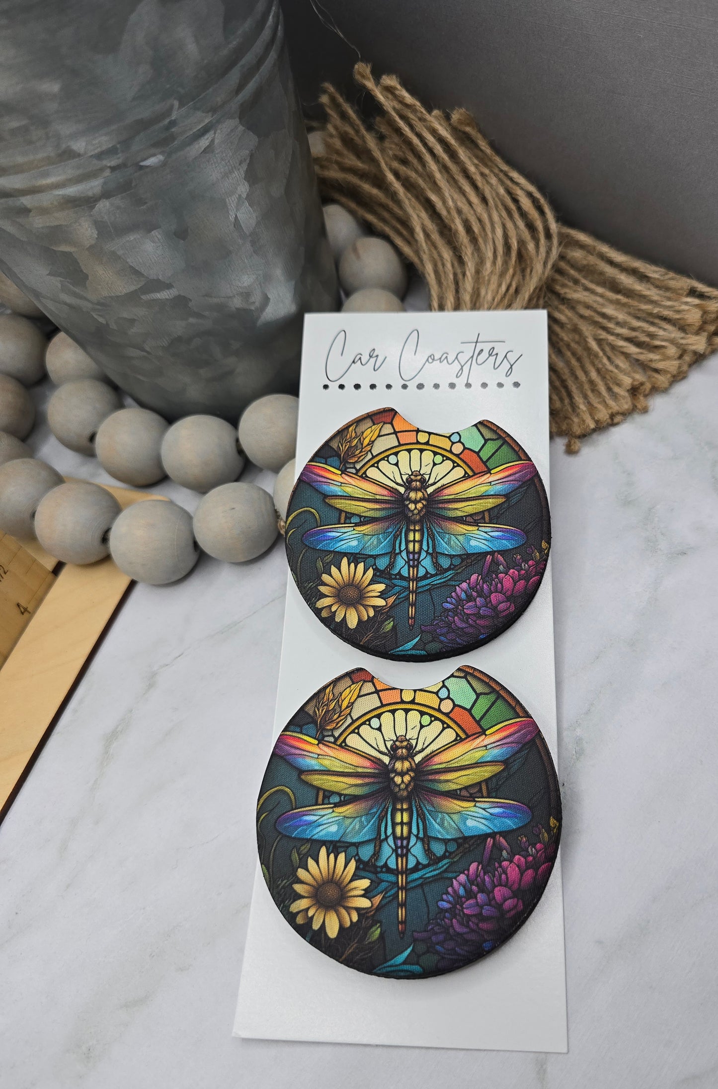 Stain Glass Dragonfly Car Coasters