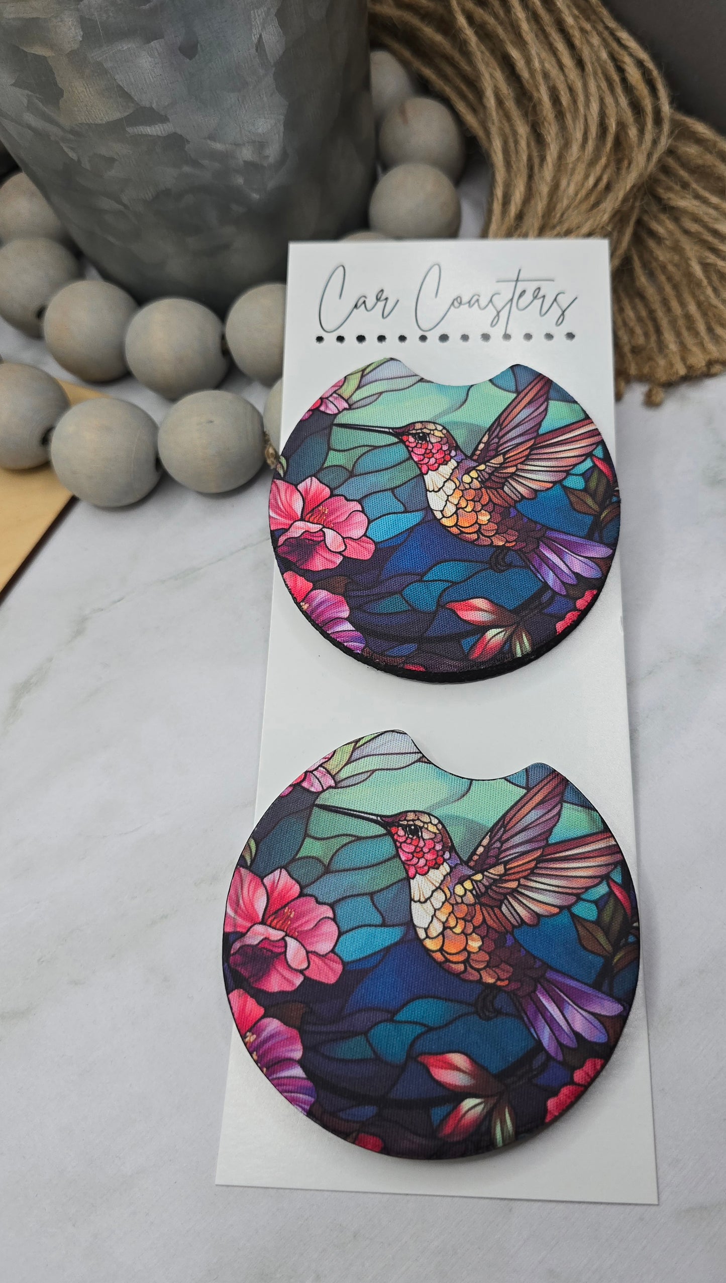 Stain Glass Hummingbird Car Coasters