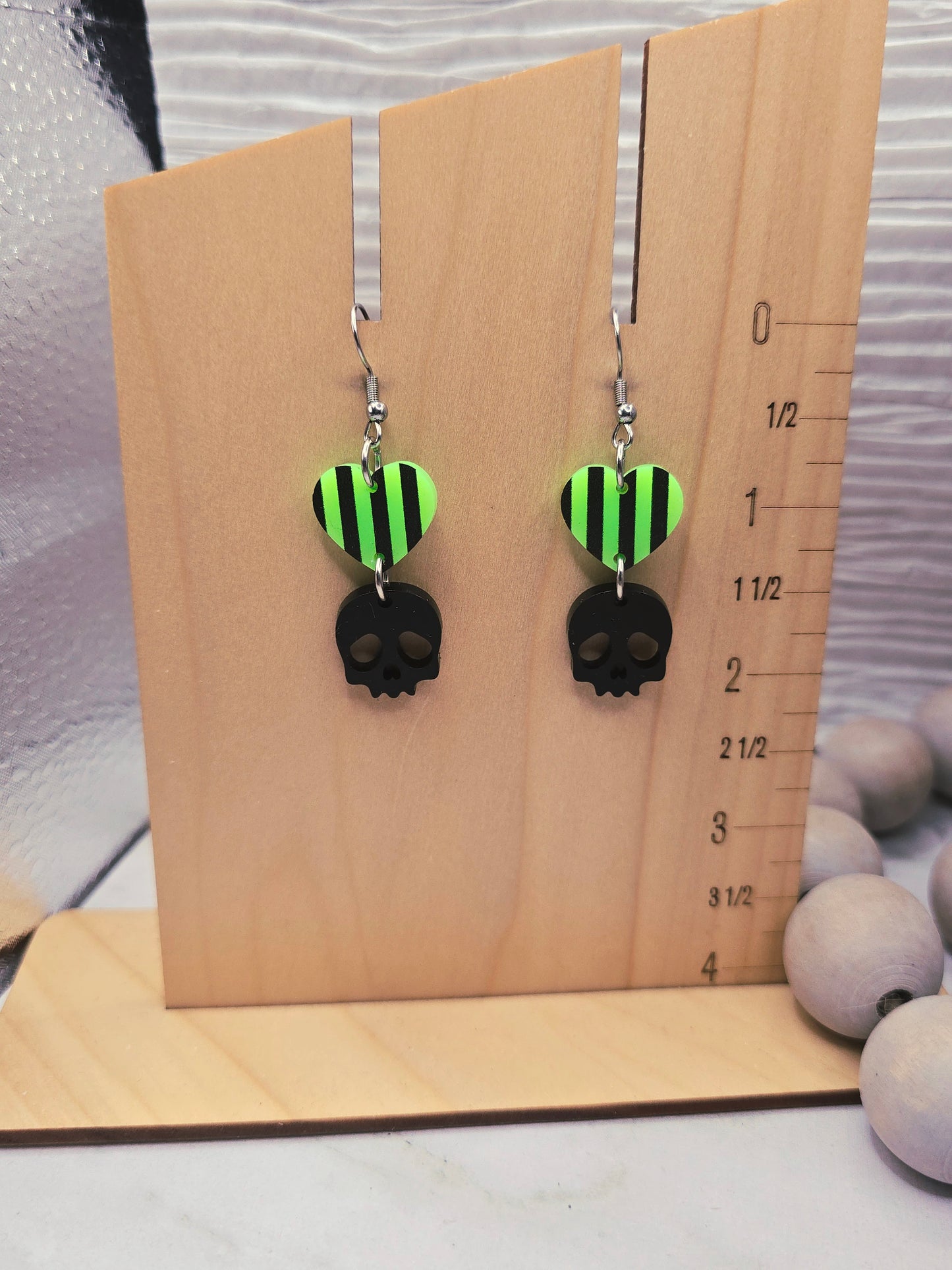 Striped Heart Skull Earrings