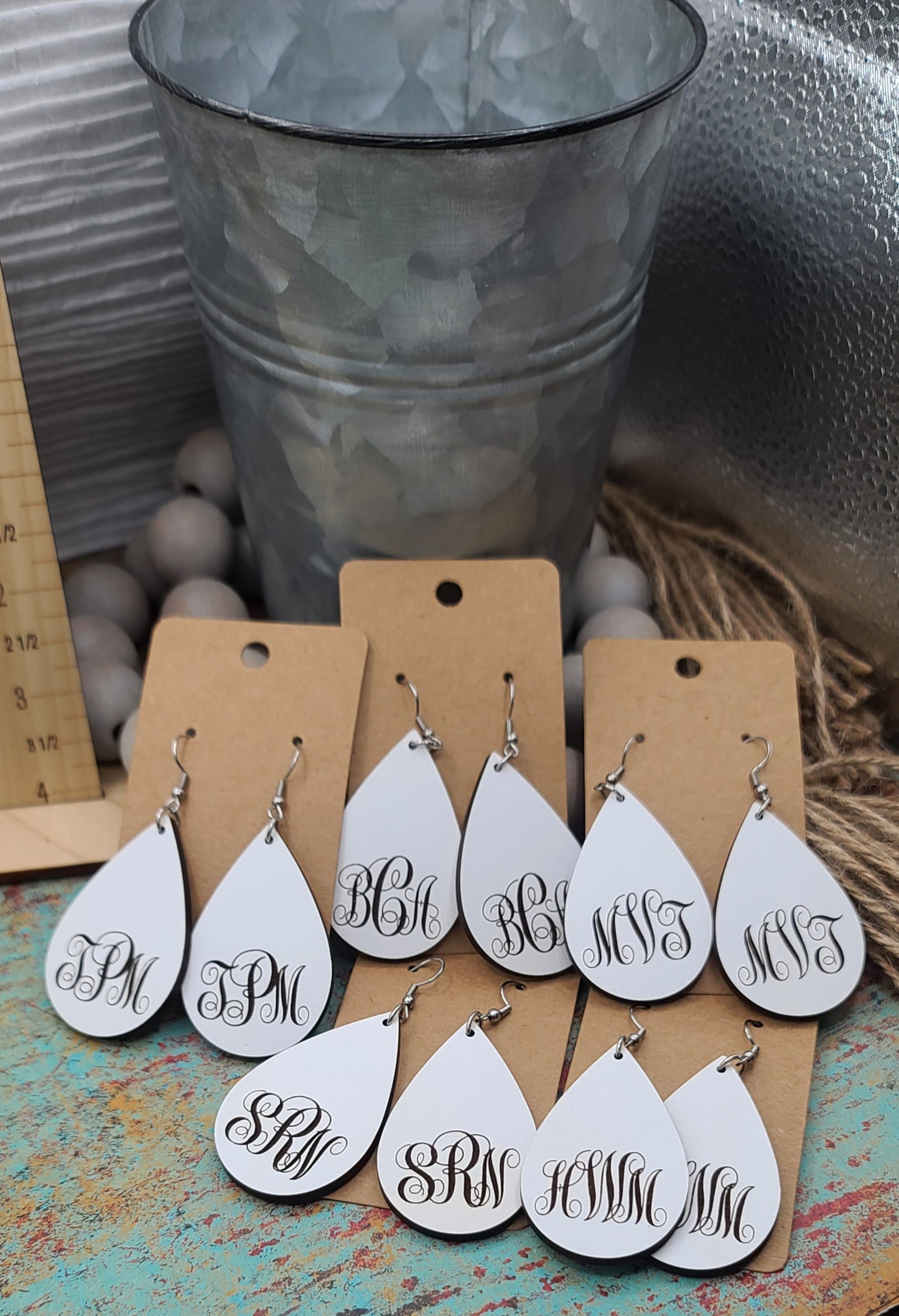White Monogram Teardrop Earrings