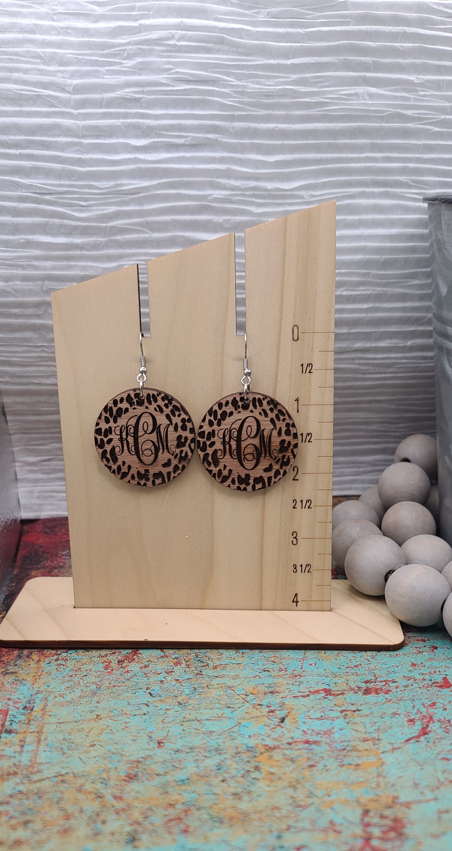 Sapele Wood Leopard Circle Monogram Earrings