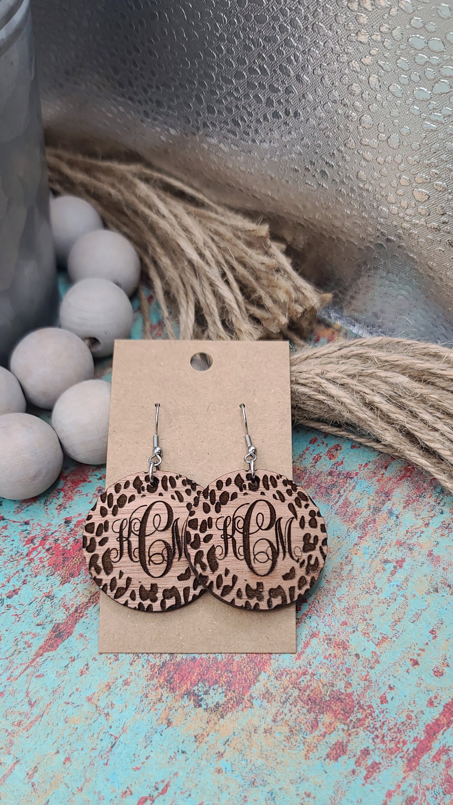 Sapele Wood Leopard Circle Monogram Earrings