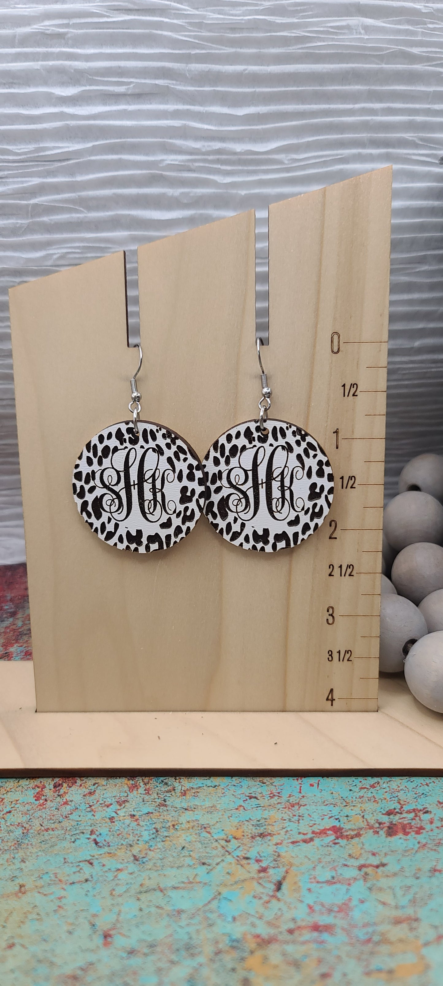 White Wood Leopard Circle Monogram Earrings
