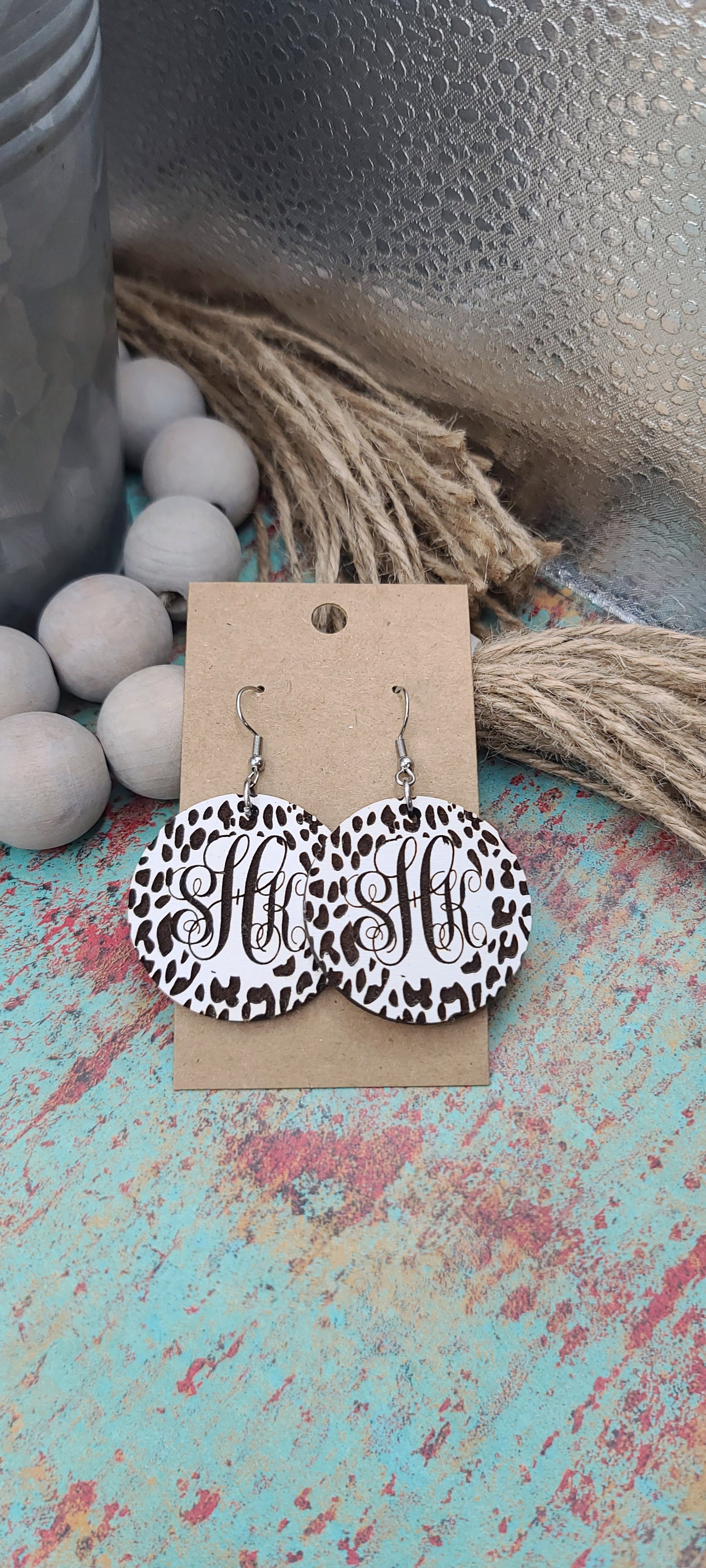 White Wood Leopard Circle Monogram Earrings