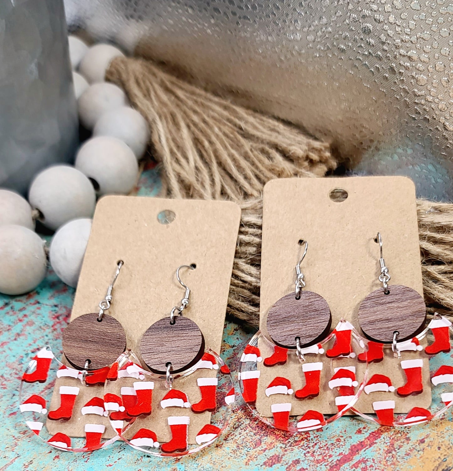 Santa Boots and Hats Stacked Circle Earrings