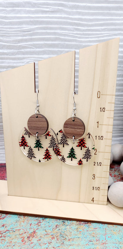 Walnut and Pattern Tree Stacked Circle Earrings