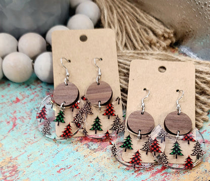 Walnut and Pattern Tree Stacked Circle Earrings