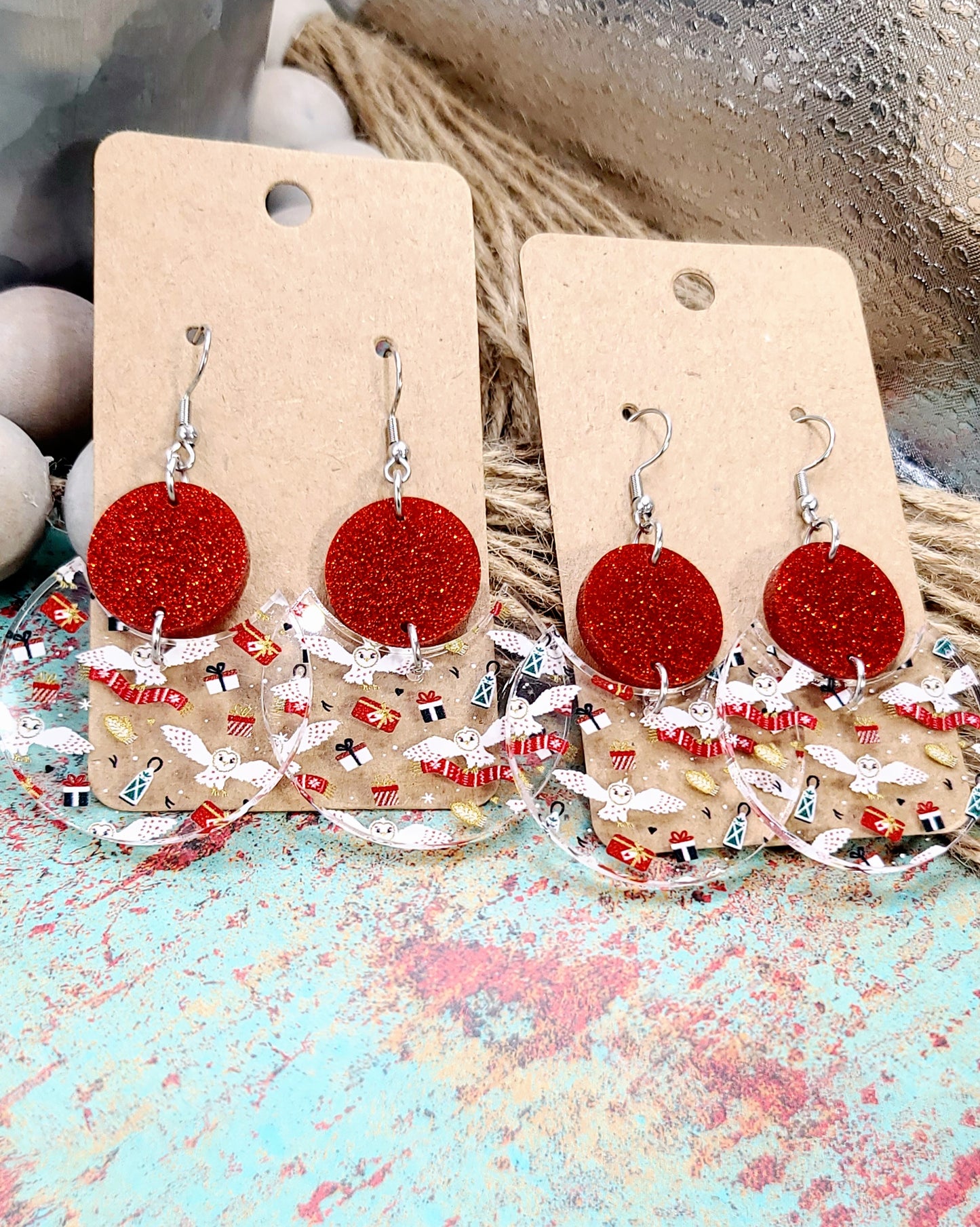 Christmas Owl Stacked Circle Earrings