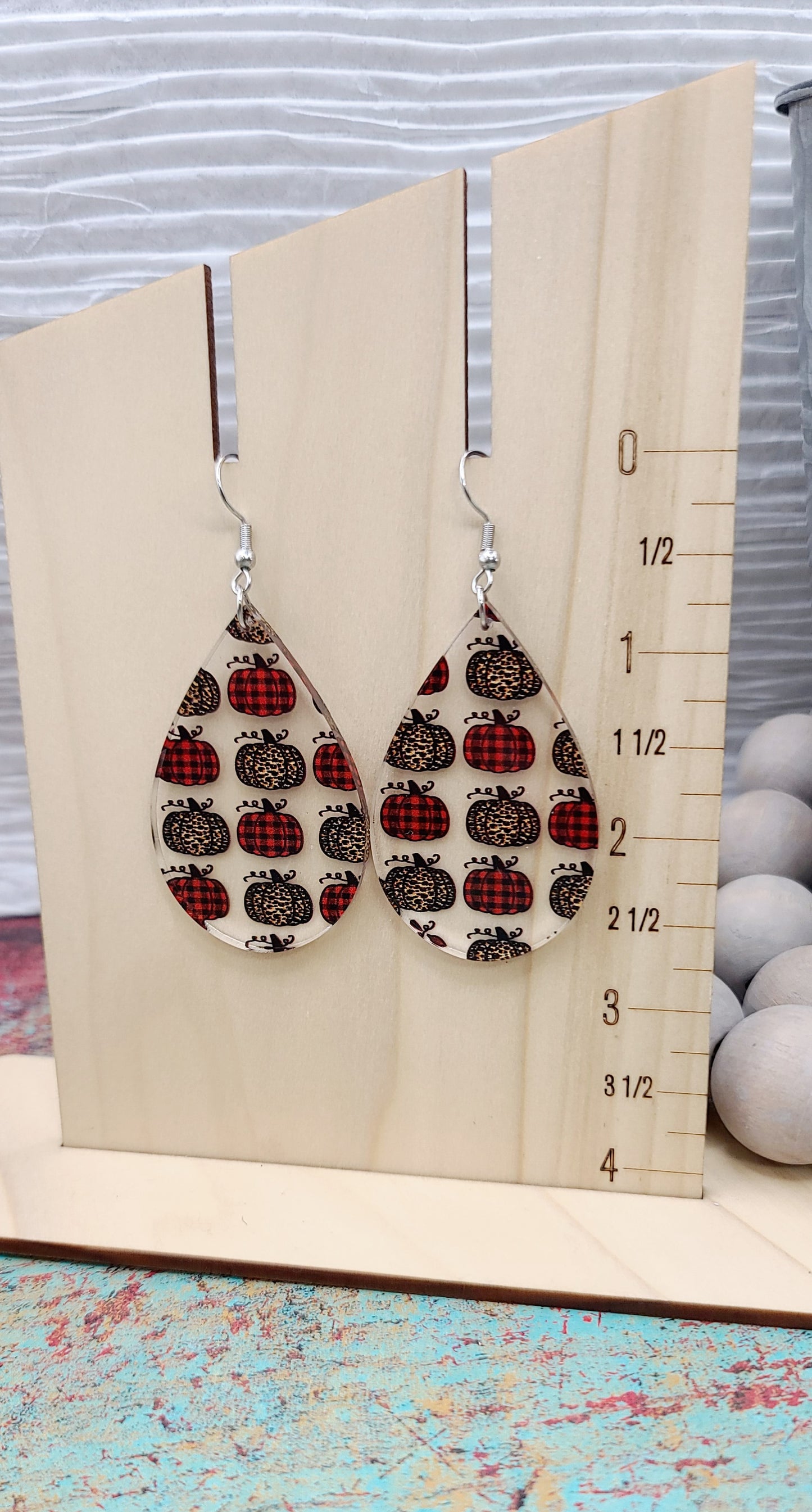 Plaid and Leopard Pumpkin Teardrop Earrings