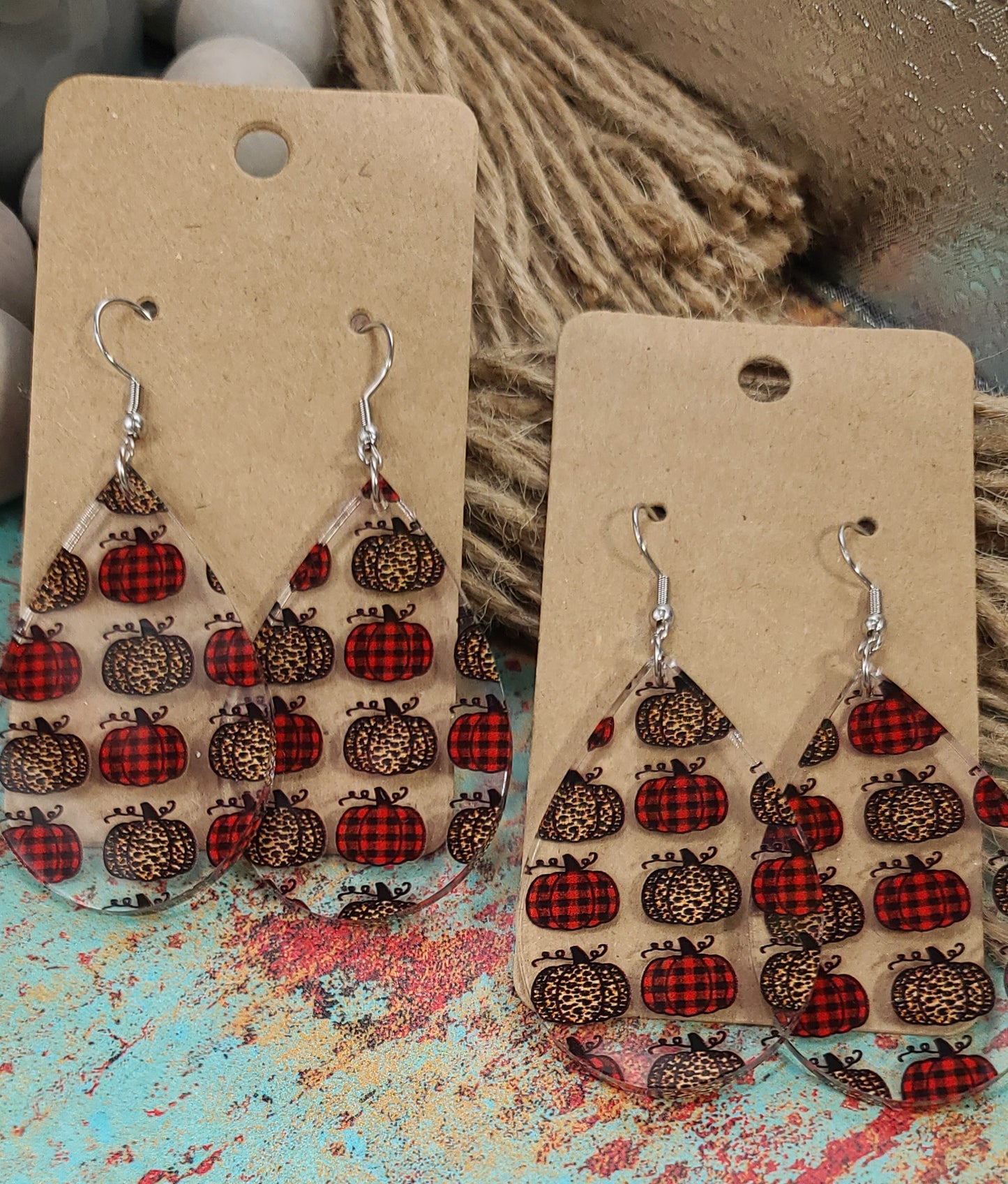 Plaid and Leopard Pumpkin Teardrop Earrings