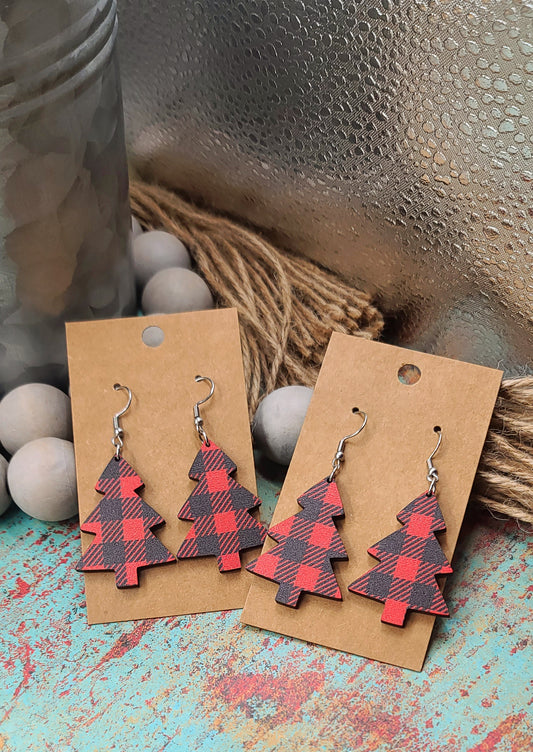 Red Plaid Christmas Tree Earrings