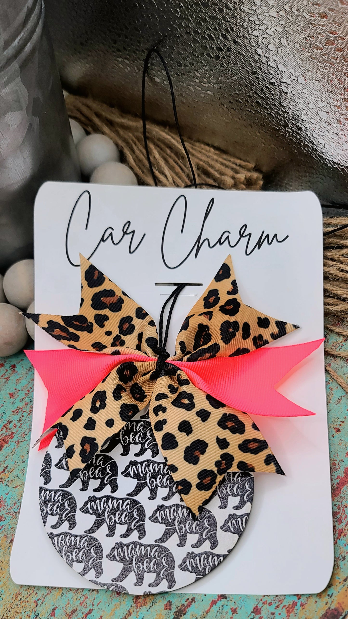 Leopard and Neon Pink Mama Bear Car Charm