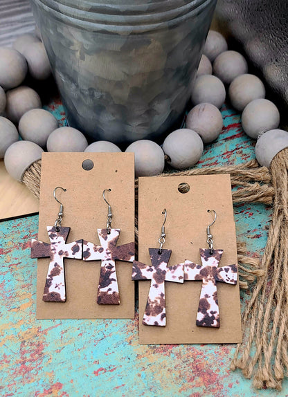 Cowhide Cross Earrings