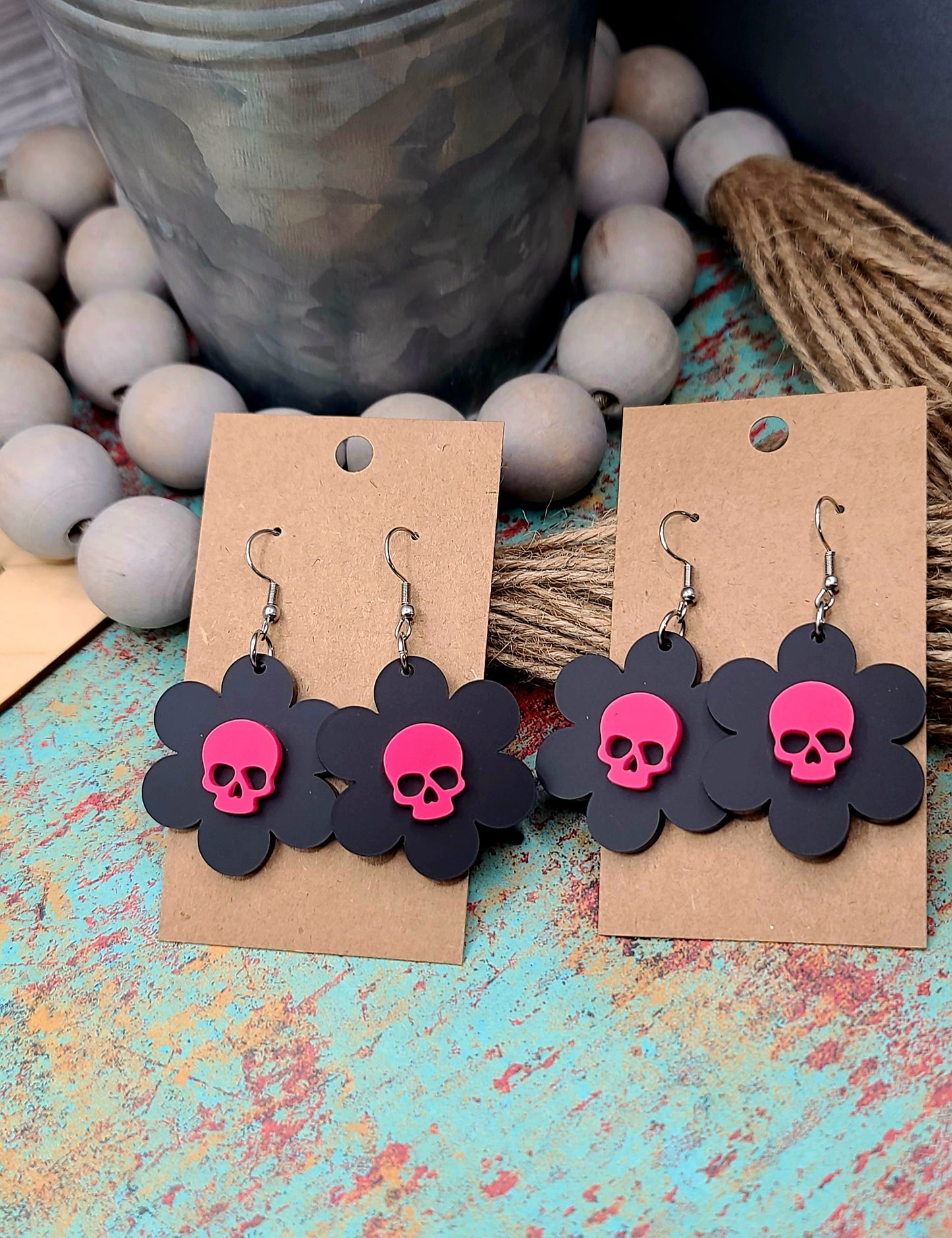 Skull Daisy Earrings Pink