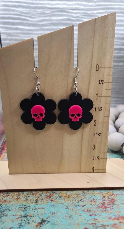 Skull Daisy Earrings Pink