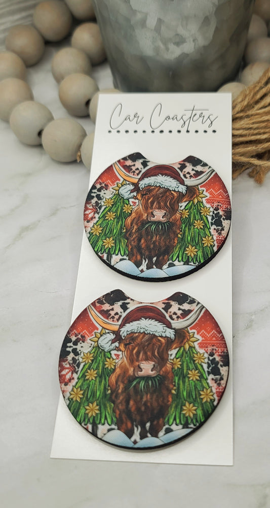 Christmas Highland Cow Car Coasters