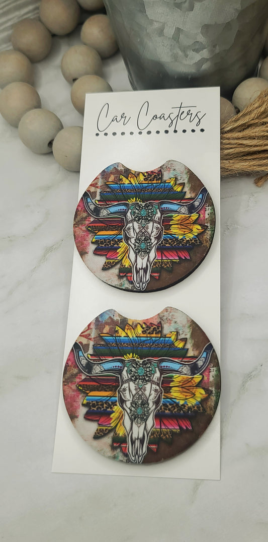 Floral Boho Bull Skull Car Coasters