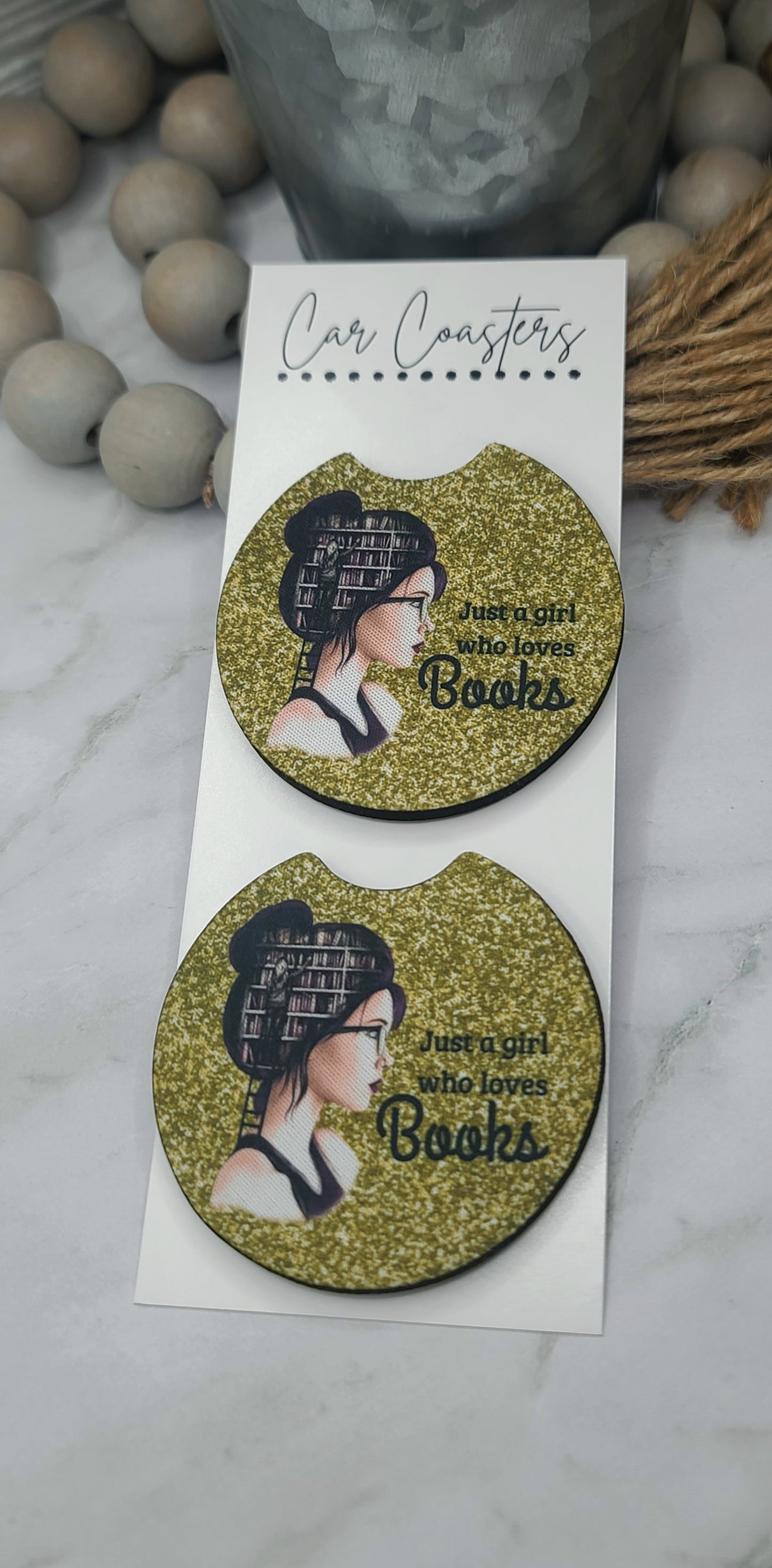 Girl Who Loves Books Car Coasters