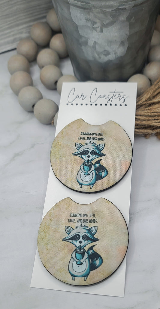 Running On Coffee Raccoon Car Coasters