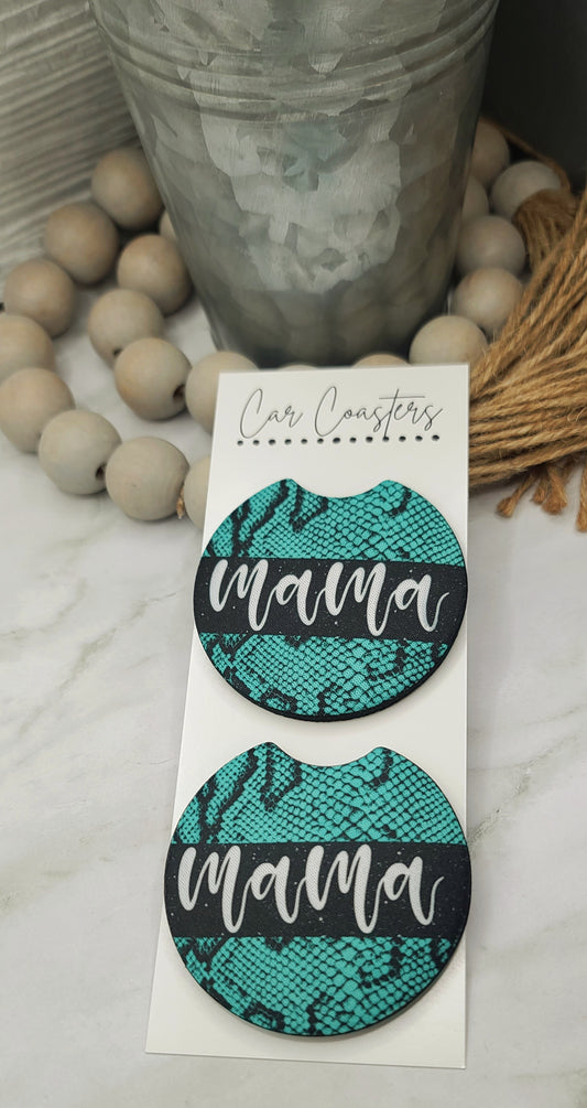 Teal Snakeskin Mama Car Coasters