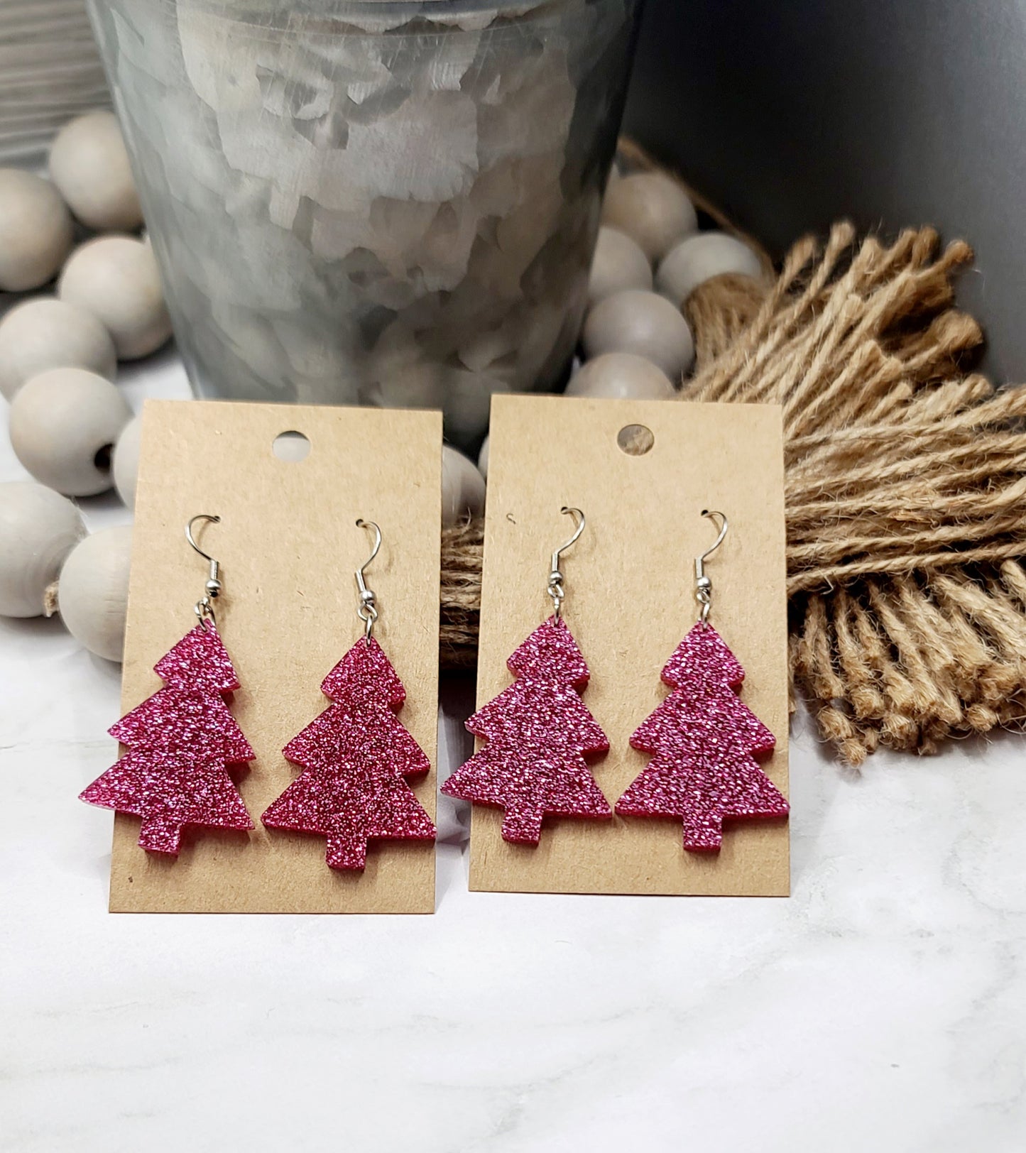 Pink Glitter Christmas Tree Earrings