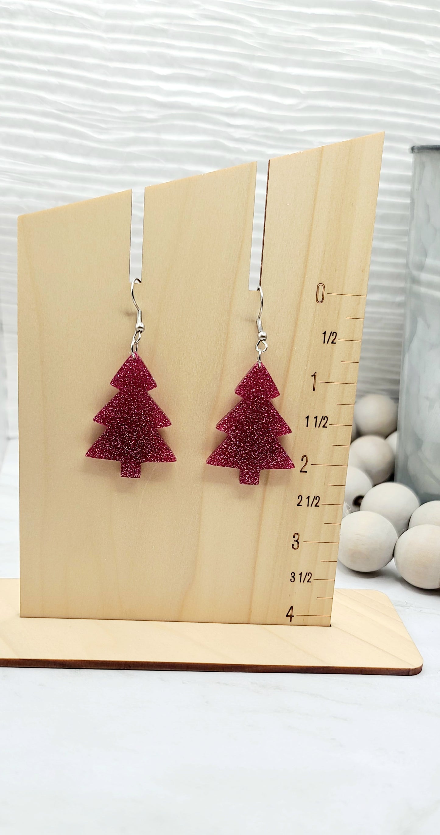 Pink Glitter Christmas Tree Earrings