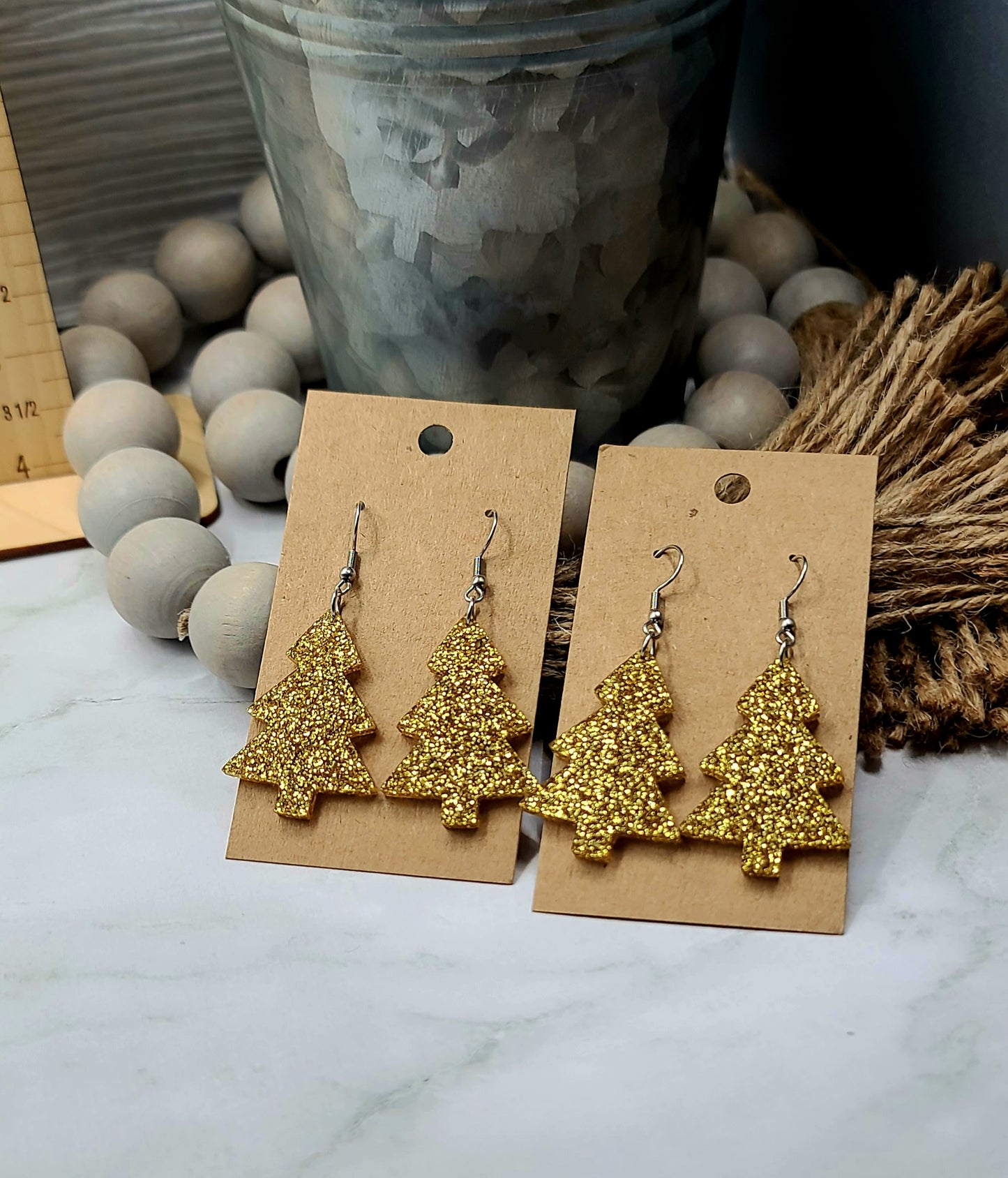 Gold Glitter Christmas Tree Earrings