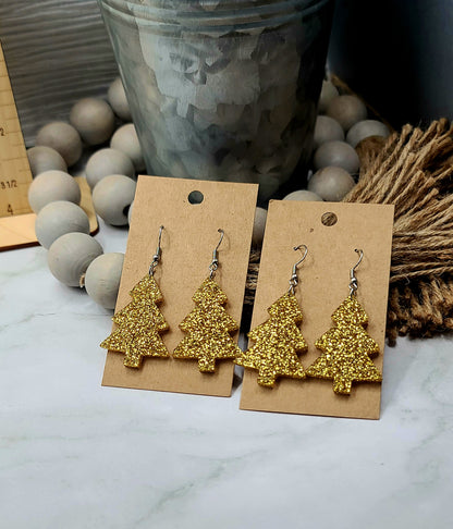 Gold Glitter Christmas Tree Earrings