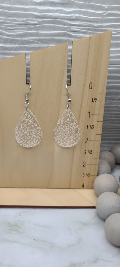 White Line Art Teardrop Earrings